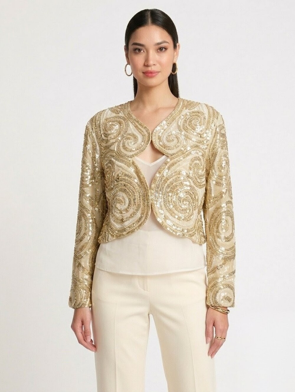 George F. Couture Vintage Sequin Gold White Bolero Jacket